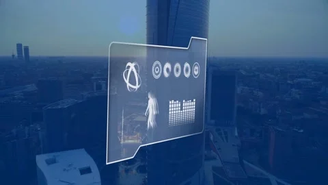Folder hologram floating over dense urban skyline, displaying atom DNA icons 動画素材 332469242