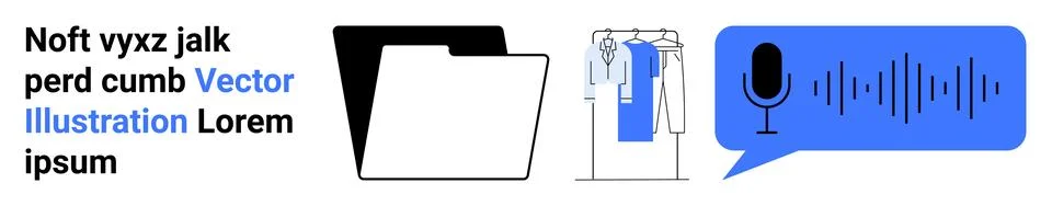 Folder icon, e-commerce section with clothing on hangers, and a microphone wi Stock Illustration