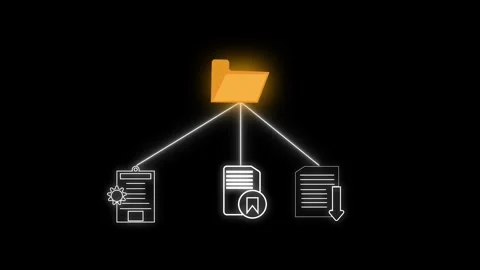 Folder icon with lines connecting to different document icons file data ani.. Stock Footage 340997993