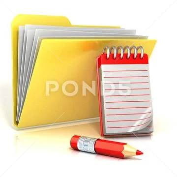 Photograph: Folder icon with red pencil and notepad. 3D Folder icon ...