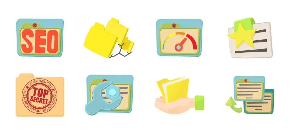 Folder icon set, cartoon style Illustrazione stock