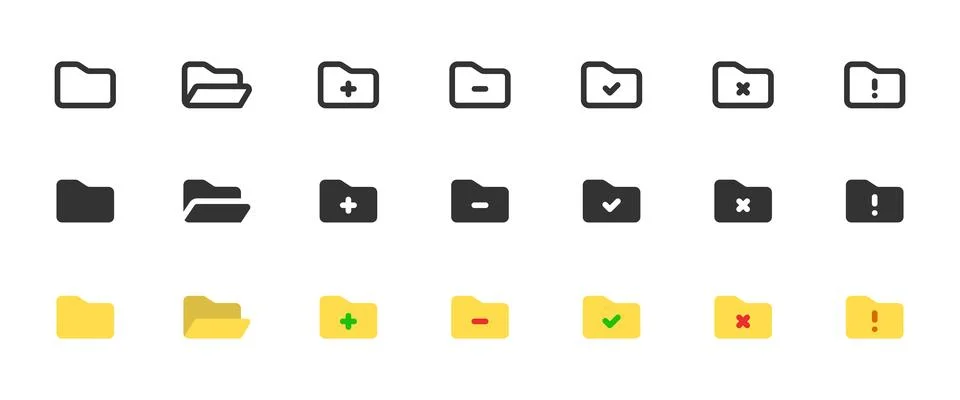Folder icon set. File folder with add, remove, error or check badge vector .. Stockillustratie