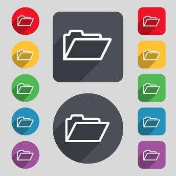 Folder icon sign. A set of 12 colored buttons and a long shadow. Flat design. Illustrazione stock