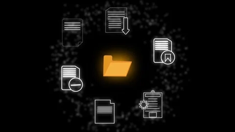 Folder icon surrounded by document icons and glowing particles file data an.. Stock Footage 340998002