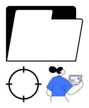 Folder icon, target symbol, and person analyzing information on tablet 스톡 일러스트