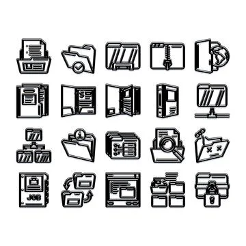 Folder icons set managing digital files data organization Illustrazione stock