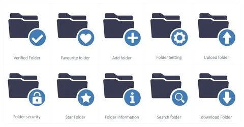 Folder icons as verified folder, favorite folder, add folder Stock Illustration