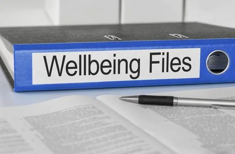 Folder with the label Wellbeing Files Stock Photos