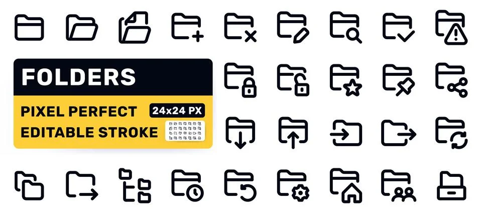 Folder line icon set. Open storage, file, search, download upload, lock, share Stock Illustration