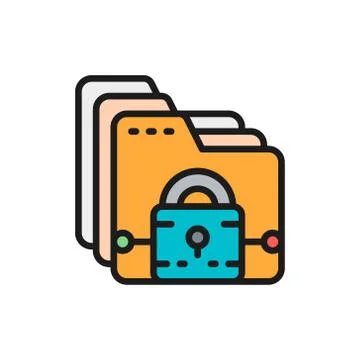Folder with lock, file protection, data security flat color line icon. 库存插图