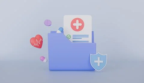 Folder with medical contract inside, pills, shield, heart sign with pulse Stock Illustration