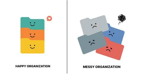 Folder organization comparison showing tidy and messy file management Ilustração Stock