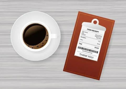 Folder with paper check. Coffee cup. Restaurant bill paying. Cashier check, i Stock Illustration