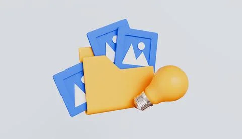 Folder with print image and lightbulb, Portfolio folder with blue pictures 스톡 일러스트