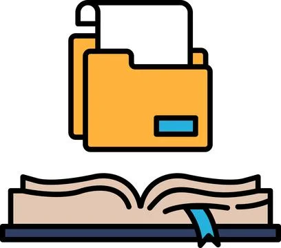 A folder is shown with a book open to the page with the folder Stock Illustration