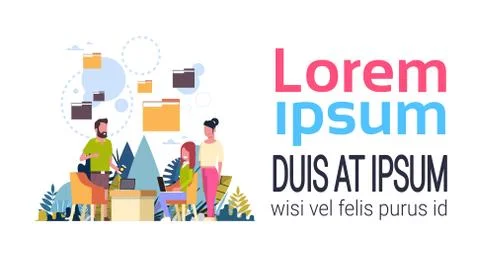 Folder storage bubbles database man woman communication data privacy concept Stock Illustration