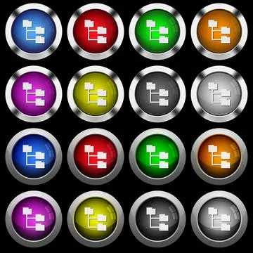 Folder structure white icons in round glossy buttons on black background Illustrazione stock