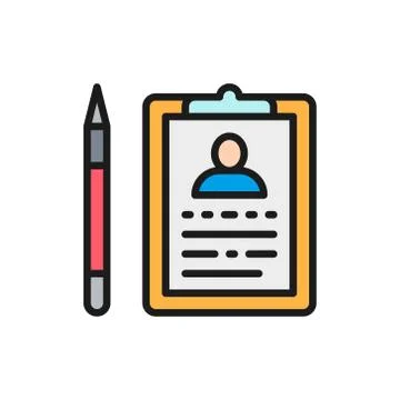 Folder tablet with pen, case history, medical tests flat color line icon. Stock Illustration
