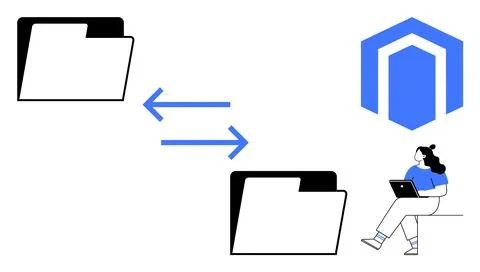 Folder Transfer Process with Person Using Laptop and Blue Hexagonal Logo 库存插图