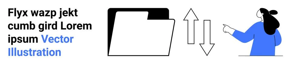 Folder with two vertical arrows for sync or data transfer, person pointing. I Stock Illustration