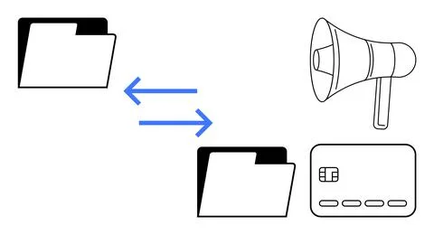 Folders with bidirectional arrows, a megaphone, and a credit card. Ideal for  Illustrazione stock