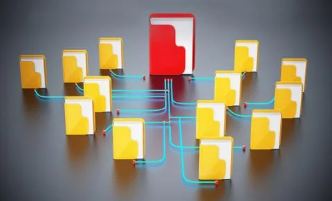 Folders connected to each other in a network. 3D illustration Stock Illustration
