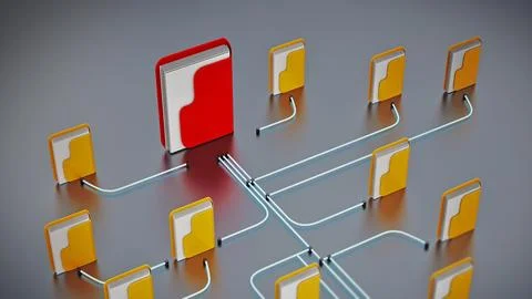 Folders connected to each other in a network. 3D illustration Stock Illustration