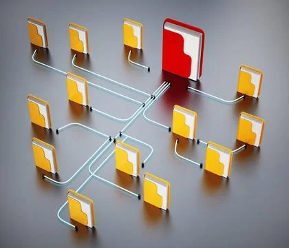 Folders connected to each other in a network. 3D illustration Folders conn... Foto stock