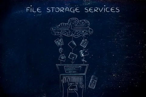 Folders &amp; documents transfers to an electronic cloud, file storage services 库存插图