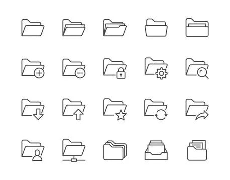 Folders flat line icons set. File catalog, document search, folder Stock Illustration