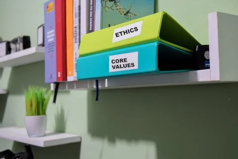Folders with the label Ethis and Core values, Business management concept Foto stock