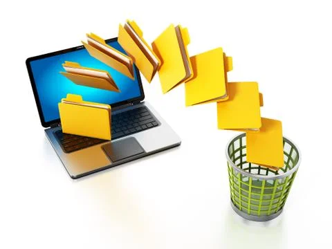 Folders moving from the notebook computer to trash bin. 3D illustration Illustrazione stock