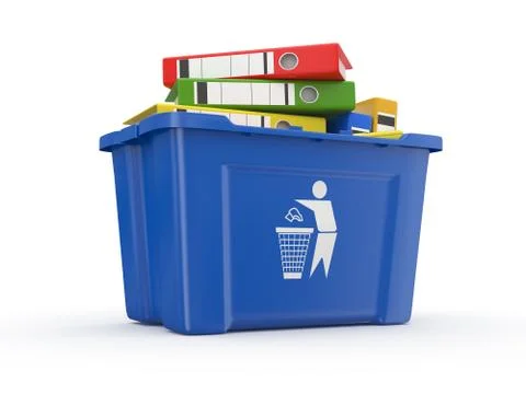 Folders in recycle bin on white background. 3d Stock Illustration