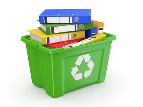 Folders in recycle bin on white background. 3d Stock Illustration