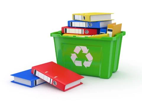 Folders in recycle bin on white background. 3d Stock Illustration