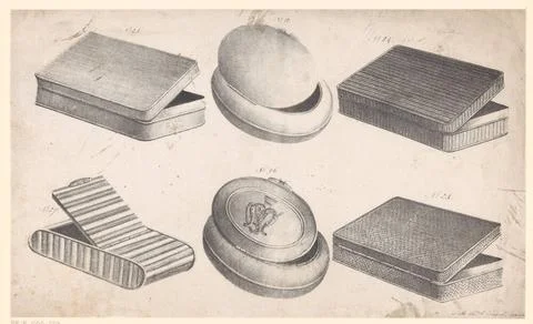 Folding boxes; Empire objects. Designs for four rectangular and two oval s... Stock Photos
