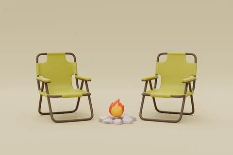 Folding camping chair with campfire, elements for camping, summer camp, trave Stock Illustration
