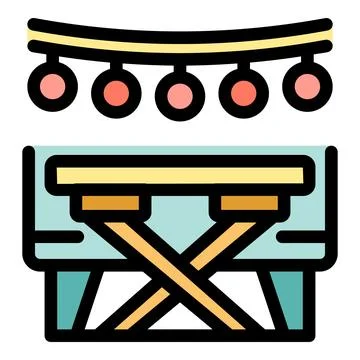 Folding camping table under string of lights celebrating outdoors Stock Illustration