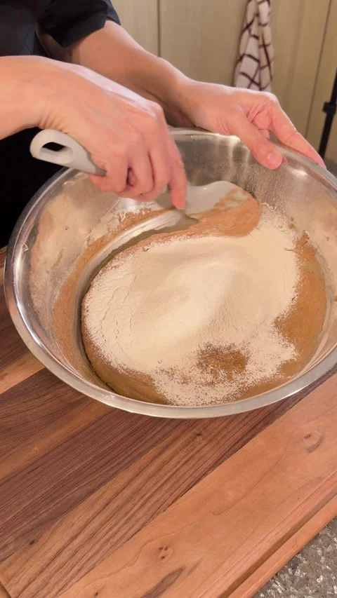 Folding Flour into Cookie Dough with Spatula, Chocolate Dough Mixing Stock Footage 331041015