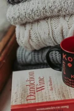Folding knitted woolen sweaters, a stack of old books, a beautiful black and  Foto stock