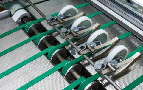 Folding Machine Green Belts Feed Wheels Metal Industrial Appliance Paper Stock Photos