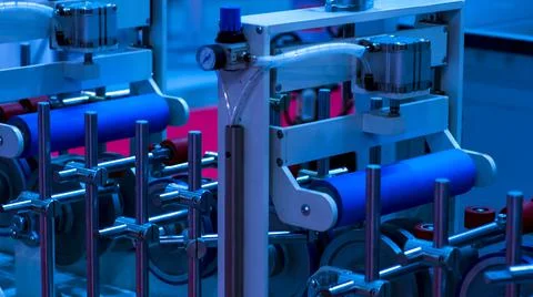 Folding machine industrial. Demonstration of the workflow. Equipment for colo Stock Photos