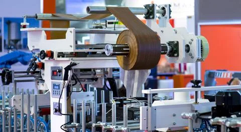 Folding machine industrial. Demonstration of the workflow. Equipment for colo Stock Photos