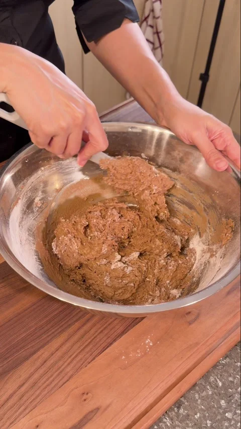 Folding Soft Sticky Cookie Dough with Spatula, Brown Dough Texture Mixing Stock Footage 331041598