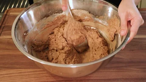 Folding Soft Sticky Cookie Dough with Spatula, Brown Dough - Horizontal Stock Footage 331041722