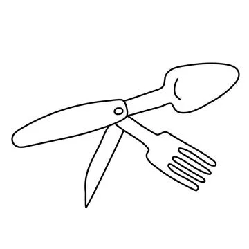 Folding spoon, fork and knife for traveling and tourism doodle Stock Illustration