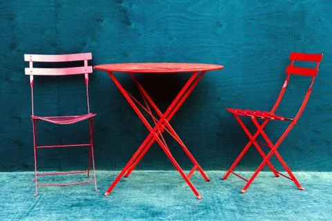 Folding table and folding chairs in downtown Edmonton Stock Photos