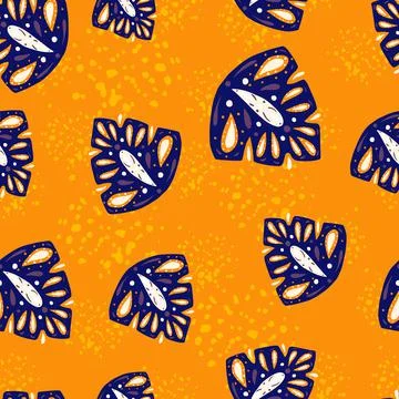 Foliage abstract seamless pattern with navy blue random monstera folk shapes. Illustrazione stock