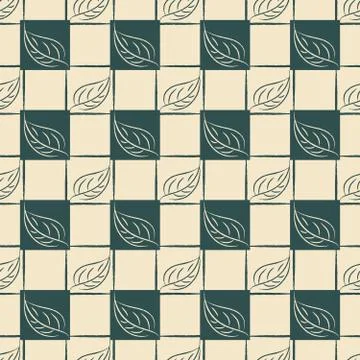 Foliage geometric seamless pattern. Hand drawn brush line leaves in square Stock Illustration