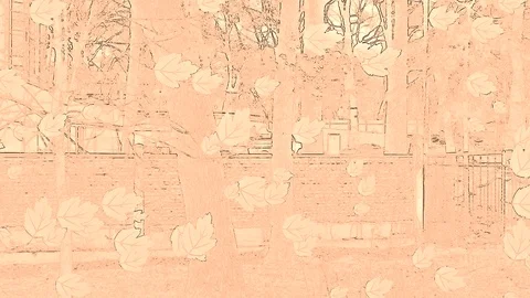 Foliage In Move With Falling Near Wall On Orange Sketch Artwork Stock Footage 91360306